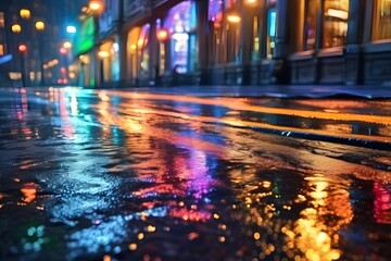City lights gleam in the rain-soaked night, casting reflections in puddles with a blurred backdrop of buildings.