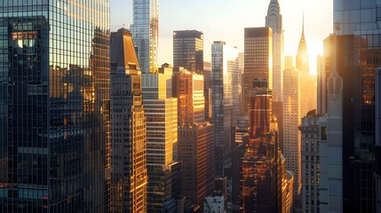 A high-resolution image of a financial district in an urban center, with towering buildings reflecting the early morning sun