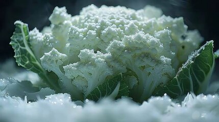   A tight shot of a cauliflower head's textured surface, adorned with water droplets clinging to its leafy edges