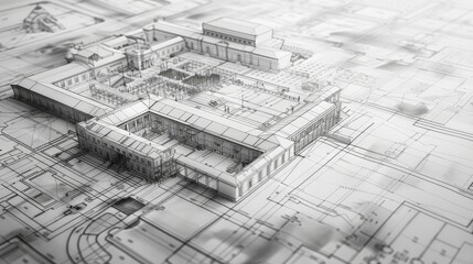 An array of paper architectural drawings and blueprints, emphasizing detailed planning and construction