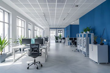 Modern white and blue open space office interior
