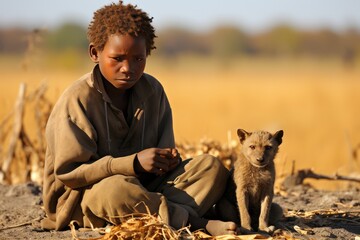 A young African boy sits on the ground with his pet dog by his side. The boy is wearing a tattered shirt and the dog is a brown mutt. The background is a blur of trees and grass