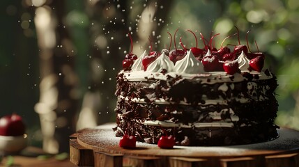 Delicious birthday chocolate cake with cherries on a wooden table, closeup