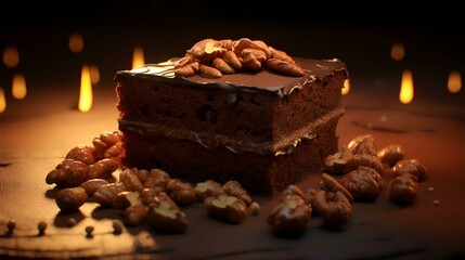 Chocolate brownie with pecans and nuts on a black background - obrazy, fototapety, plakaty