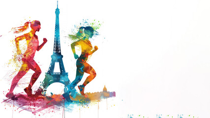 Colorful watercolor paint of runners athlete exercise by eiffel tower