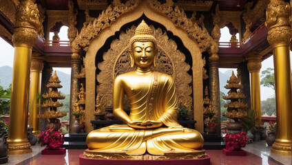 Ornate Golden Buddha Sculpture, Resplendent in a Lavish Temple Setting.