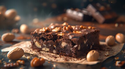 Piece of chocolate cake with nuts on wooden table, closeup