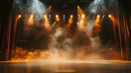 An empty theater stage dramatically lit by spotlights with atmospheric smoke, setting the stage for a captivating performance
