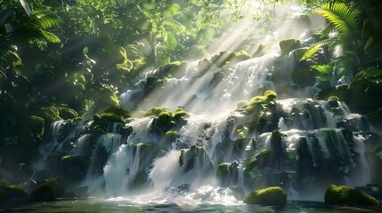 A majestic waterfall cascading over moss-covered rocks, surrounded by lush green tropical foliage, with sunlight filtering through the trees - Powered by Adobe