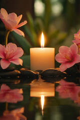 Candles and pink flowers in a natural setting with clean water. A peaceful and relaxing atmosphere with a touch of color and light. Suitable for spa and beauty themes. Natural alternative therapy.
