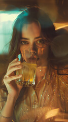A young woman enjoys a beverage, her face partially illuminated by artistic lens flare and reflective golden tones.
