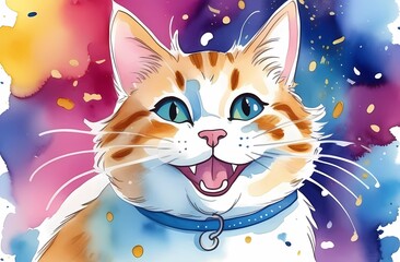Funny portrait of a happy smiling cat on a festive background with confetti. Watercolor style.
