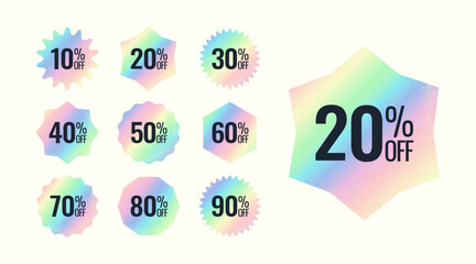 Set of holographic discount icons. Iridescent stickers for sale events. Gradient retro signs with grain for discounts.