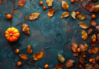 Thanksgiving & Autumn decor: leaves, pumpkin on dark bg. Flat lay, top view, copy space