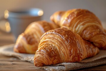 Freshly baked croissants on a rustic table