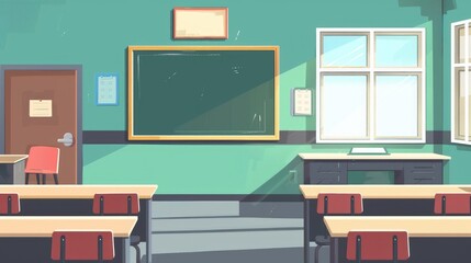 flat representation of an empty school classroom featuring just the essentials: a board and desks in a clean