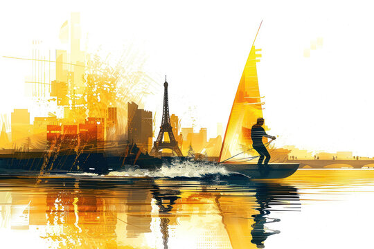 Yellow watercolor paint of sailor athlete on boat race by eiffel tower