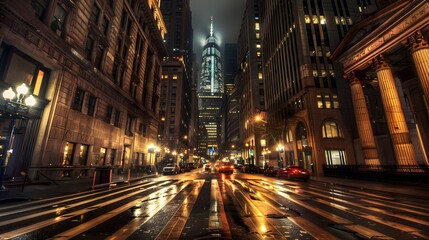 A night-time HDR view of a city's financial district, with streets illuminated by the lights of corporate buildings