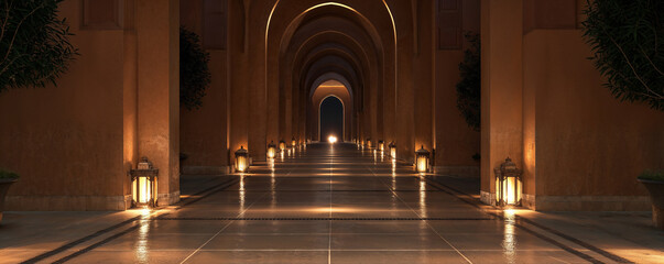 getaway destination of luxury resort hotel or palace garden landscaping design with arcade arcs and pool water feature for Arabia classic exotic tourism architecture design as wide banner