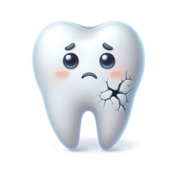 A sad 3D tooth with a crack on its surface isolated on white background