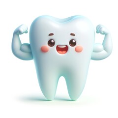 A cute 3D strong tooth mascot character flexing its muscles isolated on white background - obrazy, fototapety, plakaty