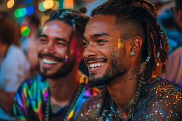 Joyful gay couple celebrating Pride Month with glitter