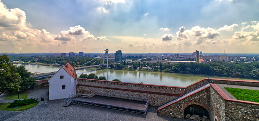 The Danube river behind Bratislava castle with luxury cruises, Bratislava, Slovakia