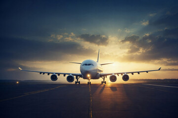 A passenger plane is on the runway at the airport.