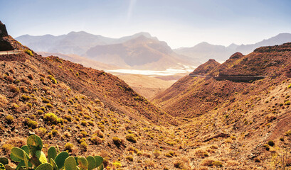 Wide angle view of mountains canyons located in Las palmas gran canaria, Spain