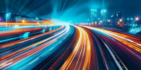 Fototapeta premium Car motion trails. Speed light streaks background with blurred fast moving light effect, Racing cars dynamic flash effects city road with long exposure night lights