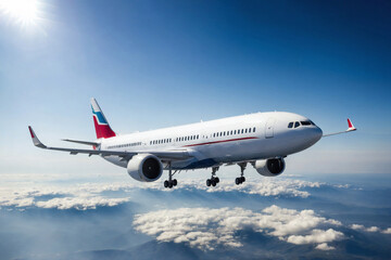 Obraz premium A passenger plane takes off and gains altitude .Cumulus clouds. The sun.