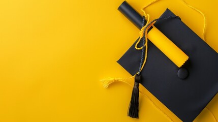 A graduation mortarboard and diploma rest on a bright yellow background, viewed from above