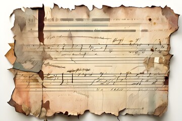 A sheet of music that has been burned at the edges, leaving them curled and charred. The ink has faded in some places, and there are smudges and handwriting in the empty spaces.