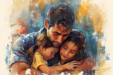 Drawing in honor of father's day, a father hugging his son and daughter