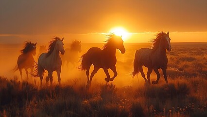 Fototapeta na wymiar Horses gallop across dusty prairie under setting sun in desert. Concept Wild Mustangs, Sunset Glory, Dusty Prairie, Desert Adventure, Galloping Horses