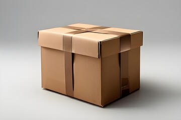 A cardboard box is tied with a brown ribbon and sits on a white surface.