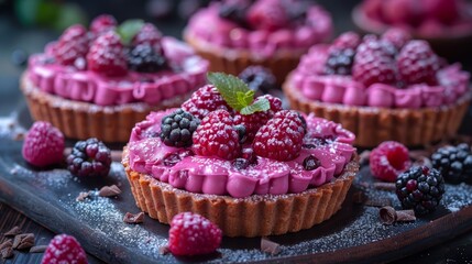   A tight shot of a dessert atop a plate, adorned with plump raspberries and blackberries at its peak