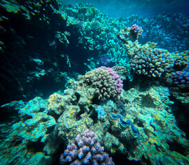 Naklejka na ściany i meble Underwater view of the coral reef with hard corals and tropical fish