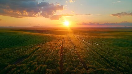 Sunset Aerial View of Farming with Pivot Irrigation for Sustainable Agriculture. Concept Aerial View, Sunset, Farming, Pivot Irrigation, Sustainable Agriculture