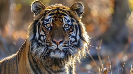 Naklejka premium A tight shot of a tiger's expressive face, set against a softly blurred backdrop of undulating grass and foliage