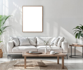 A photo of interior modern in minimalist style in one blank wall art frame, in light colors, perfect for home decor inspiration