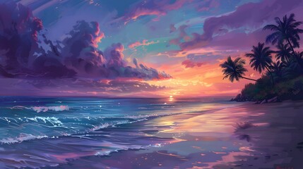 A peaceful beach scene at dusk, with gentle waves lapping at the shore, palm trees swaying, and a vibrant, colorful sky