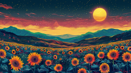 psychedelic style sunflower field and beautiful sky with sun 