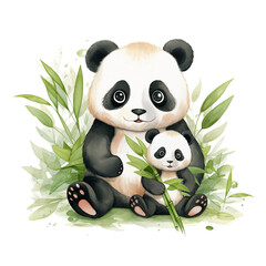 An enchanting watercolor portrayal of a panda mother and her cub enjoying bamboo against a backdrop of lush foliage.