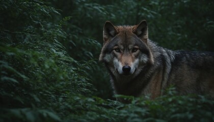 European gray wolf among green plants in the forest. AI generation.