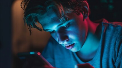 Young man looking at his cell phone at night - using addictive social media / technology