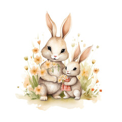 A charming watercolor illustration showcasing a mother rabbit and her young nestled amongst vibrant spring flowers.