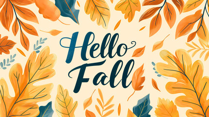 Hello fall, September, October autumn season typography calligraphy quote greeting card illustration with orange and yellow leaf. Beautiful decorative foliage print template, script font