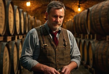 Obraz premium A master brewer contemplates in the barrel cellar. The old-world charm of the winery is palpable.
