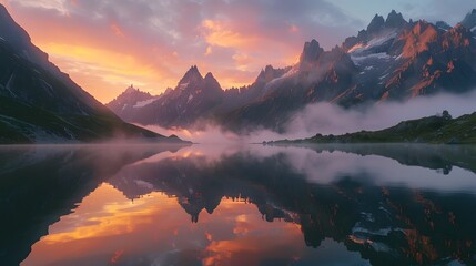 A serene mountain lake at sunrise, the sky painted in soft pinks and oranges, with a crystal clear reflection of the surrounding peaks - Powered by Adobe